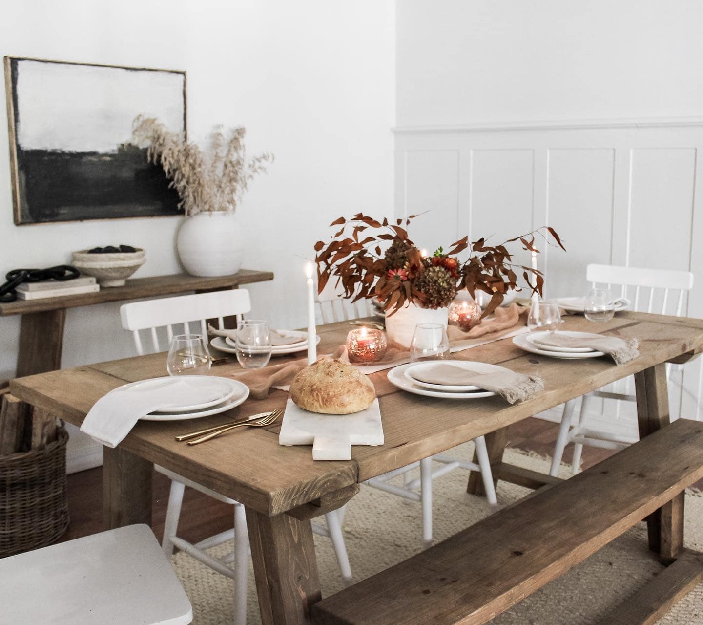 Friendsgiving Aesthetic inspiration idea featuring a cozy table setting in farmhouse style