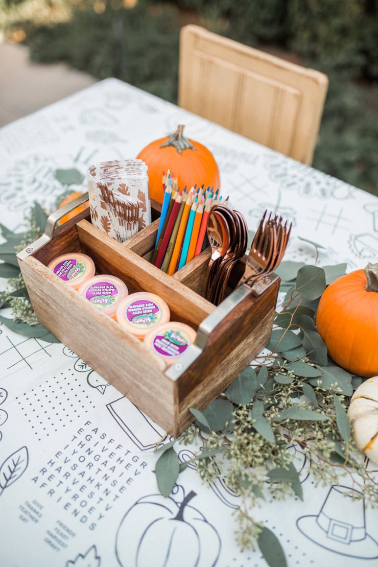 Thanksgiving kids table fun decor idea featuring printable tablecloth