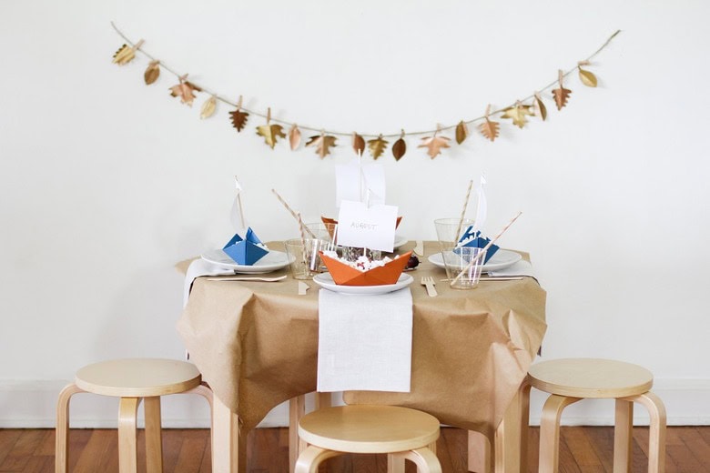 Thanksgiving kids table fun decor idea featuring neutral color scheme