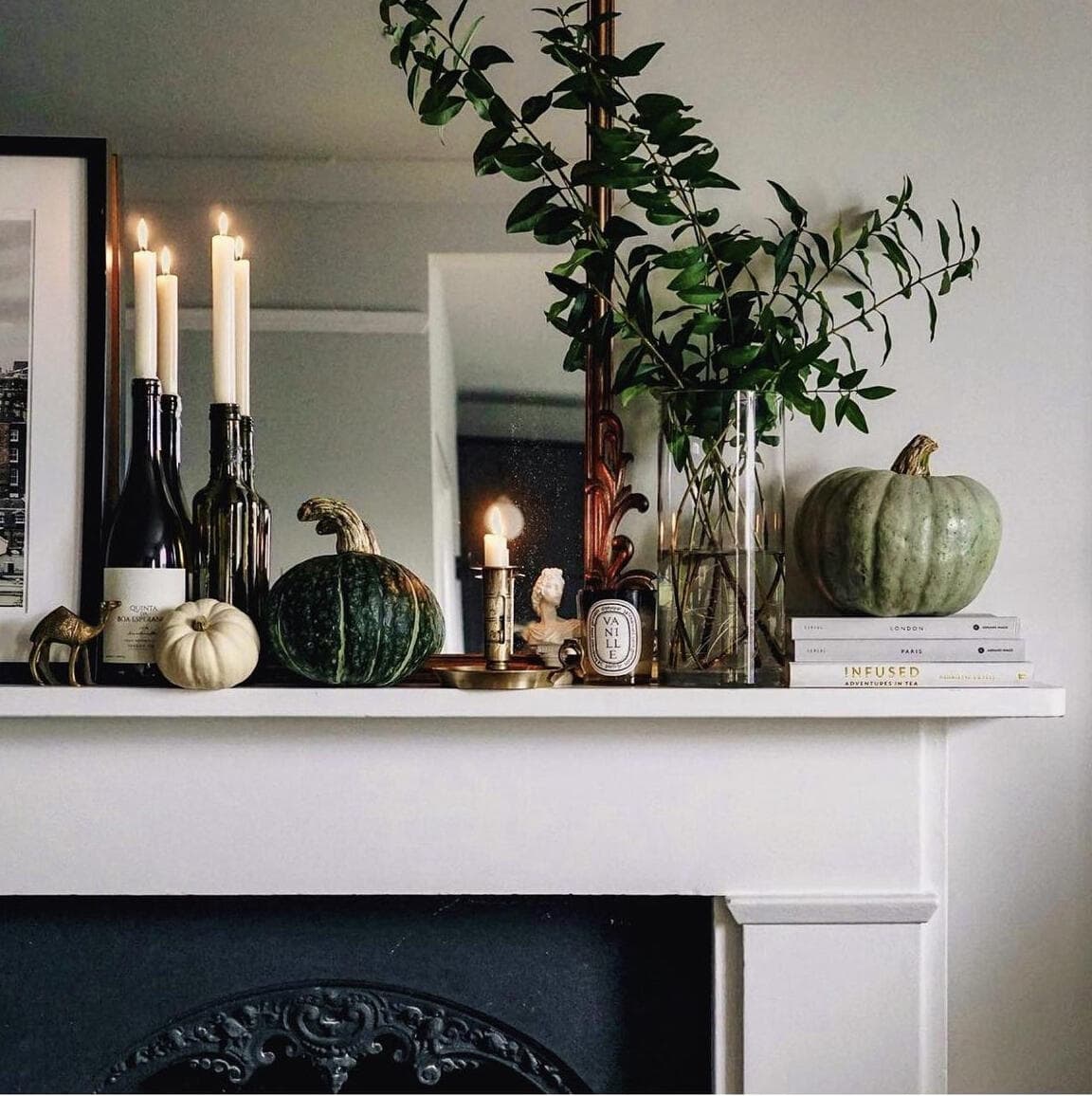 How to decorate for Thanksgiving example featuring fireplace mantle