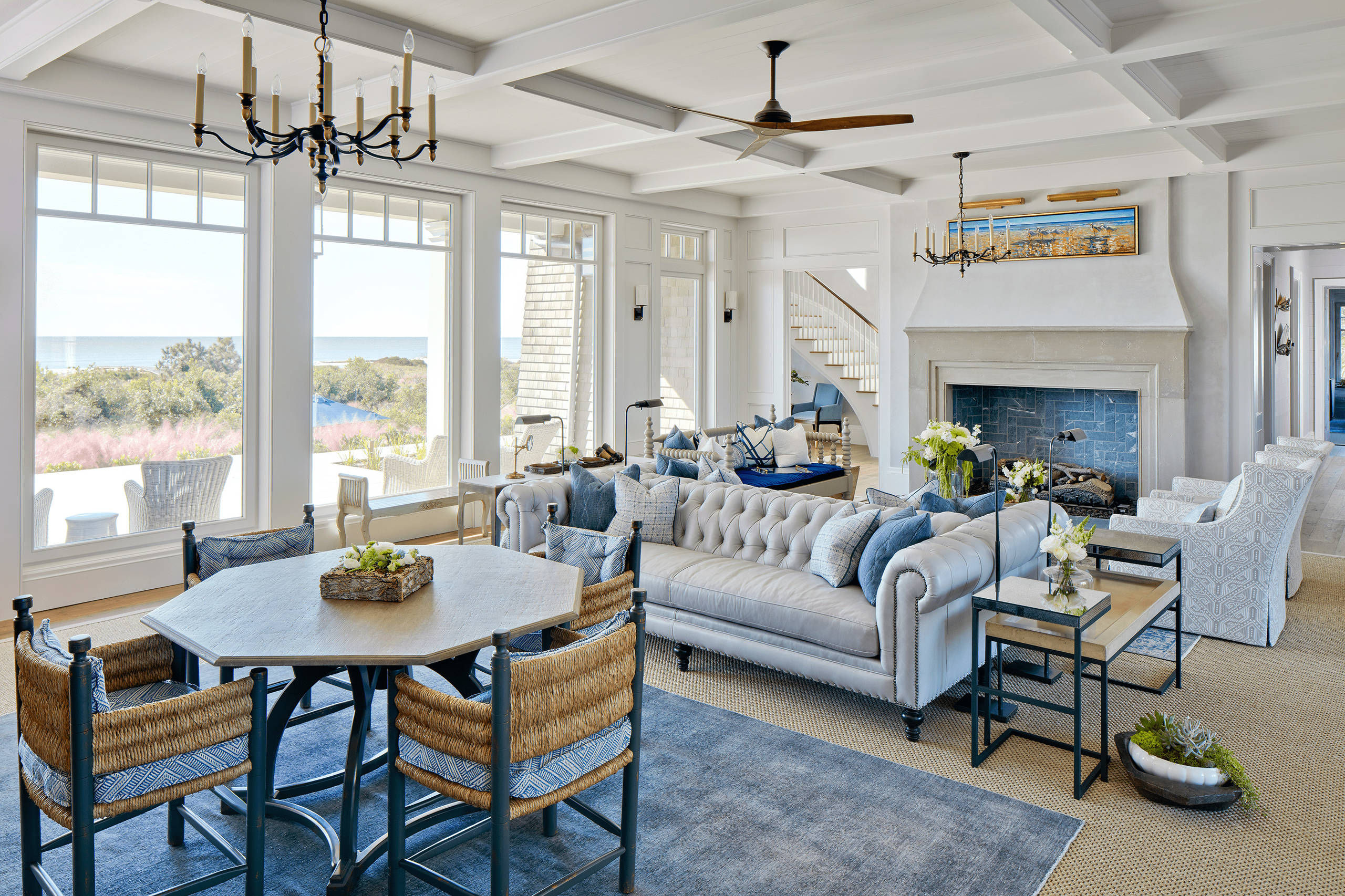 Image shown as example of living room area rugs in a modern coastal style