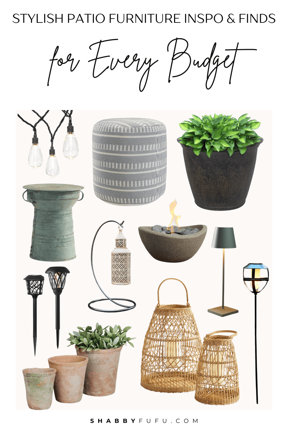 Collage featuring outdoor finds titled "Stylish Patio Furniture Inspo and Favorite Finds for Every Budget"