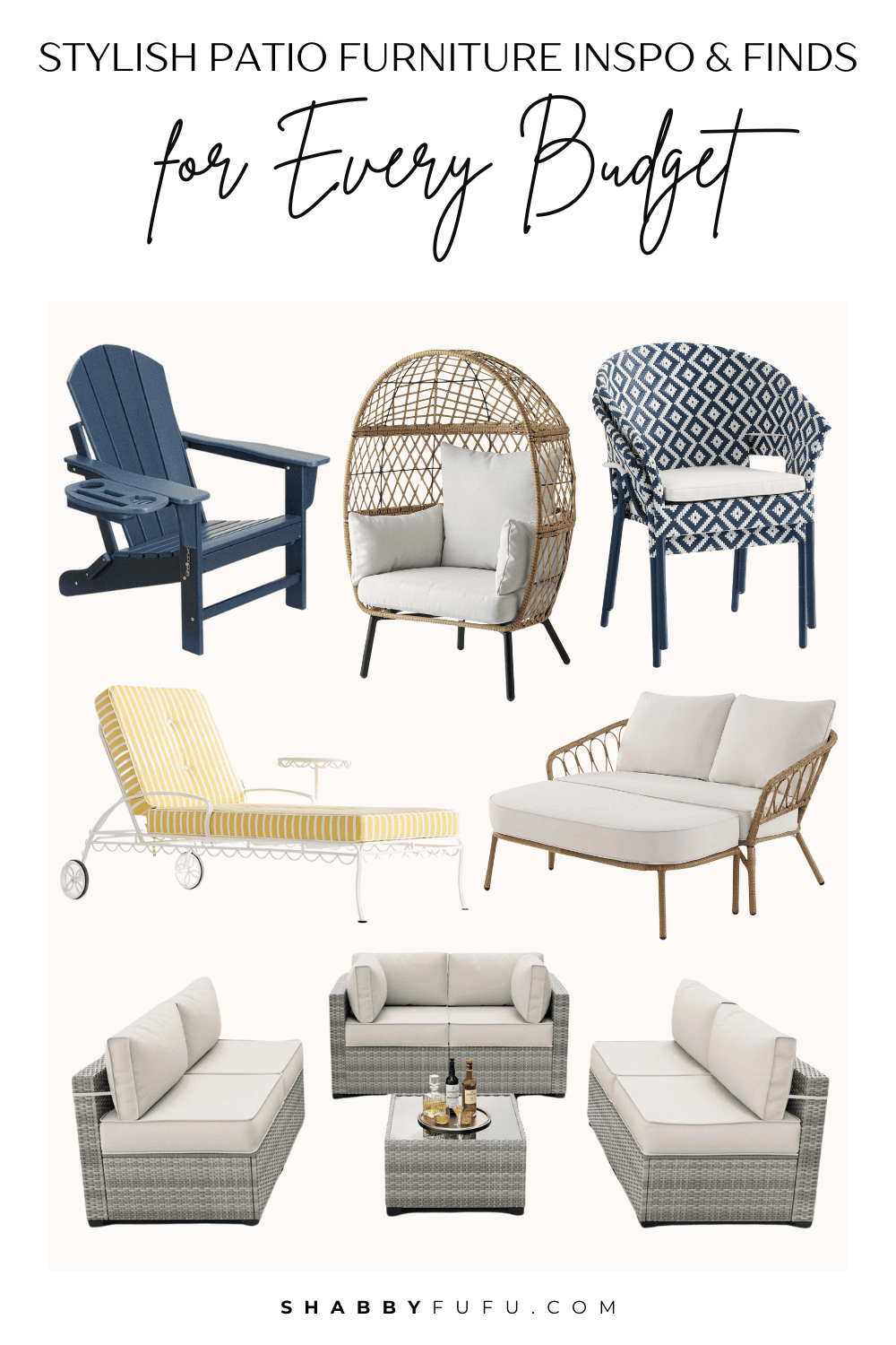 Collage featuring outdoor finds titled "Stylish Patio Furniture Inspo and Favorite Finds for Every Budget"