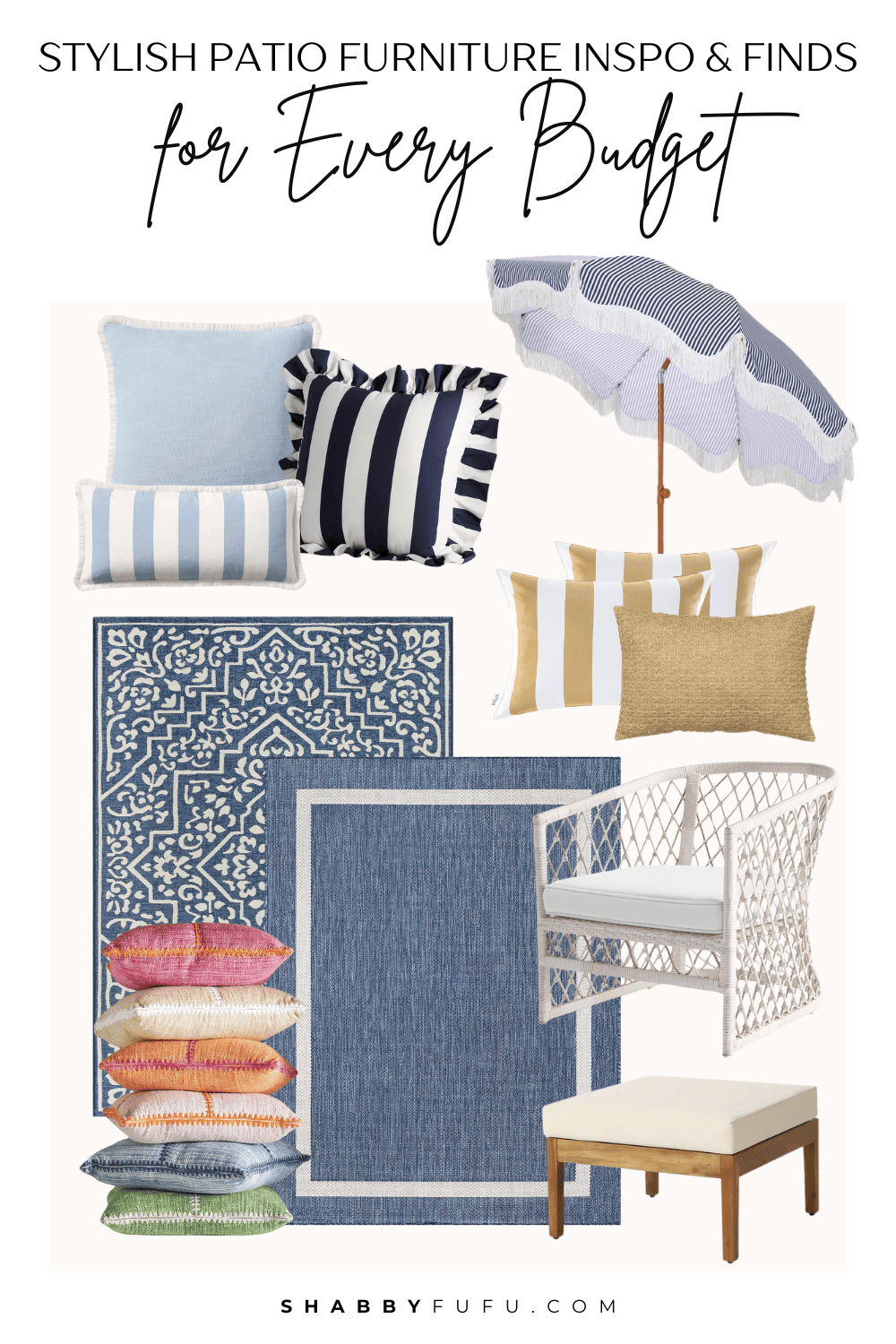 Collage featuring outdoor finds titled "Stylish Patio Furniture Inspo and Favorite Finds for Every Budget"