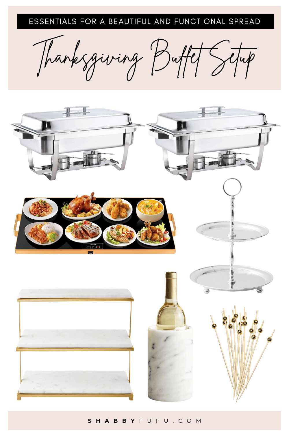 Collage gift guide featuring Thanksgiving buffet produts and essentials