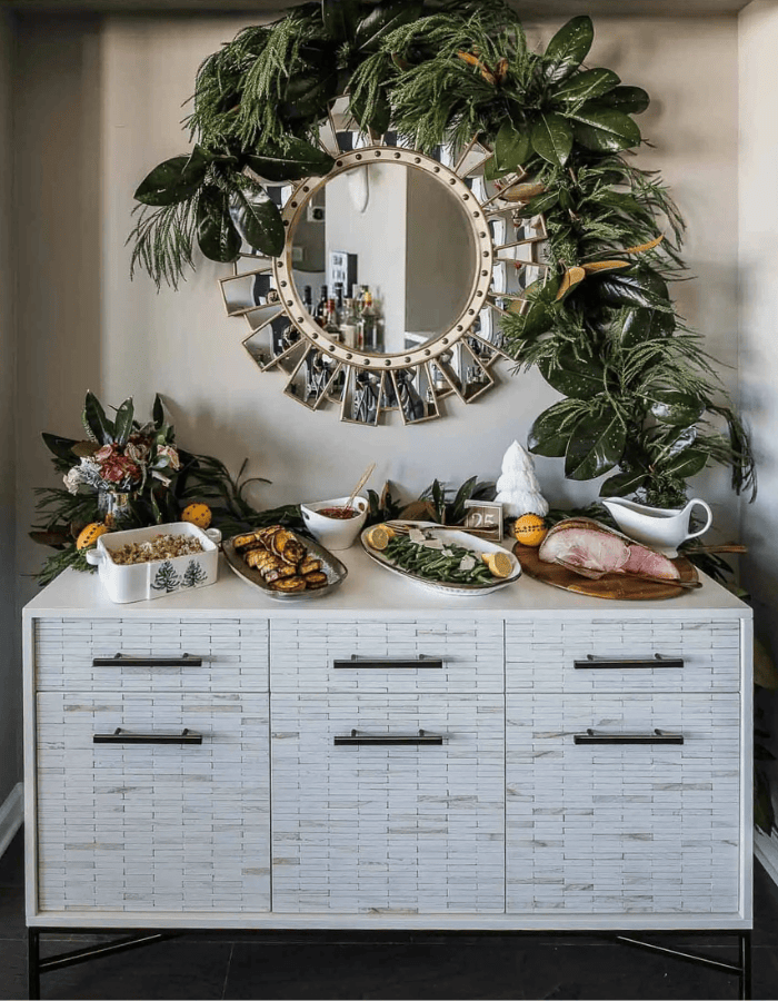 Thanksgiving buffet setup example featuring a simple buffet with a mirror in the background