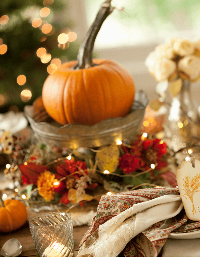 Thanksgiving buffet setup example featuring a traditional buffet with decorative pumpkins