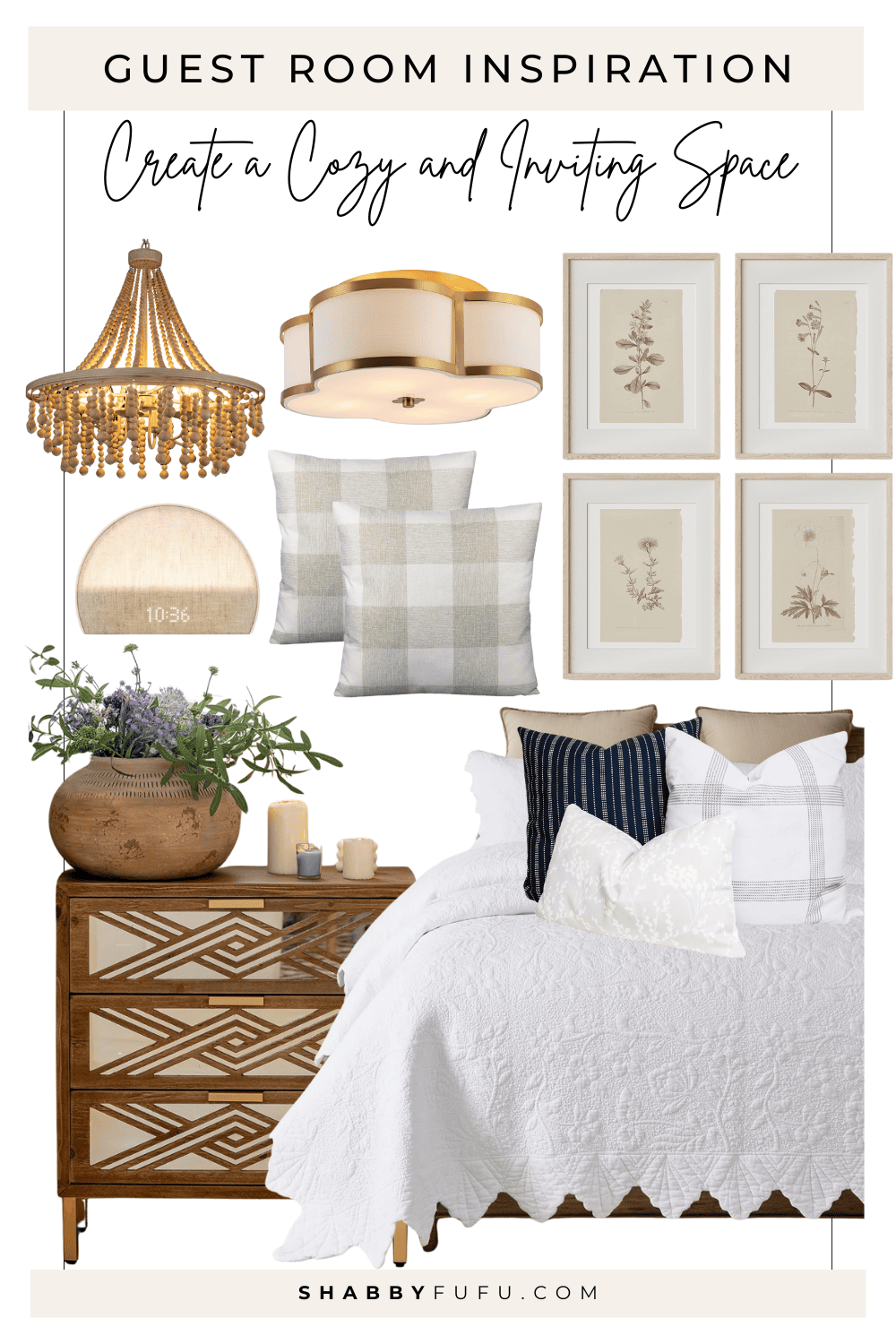 Collage featuring favorite products for guest room inspiration ideas