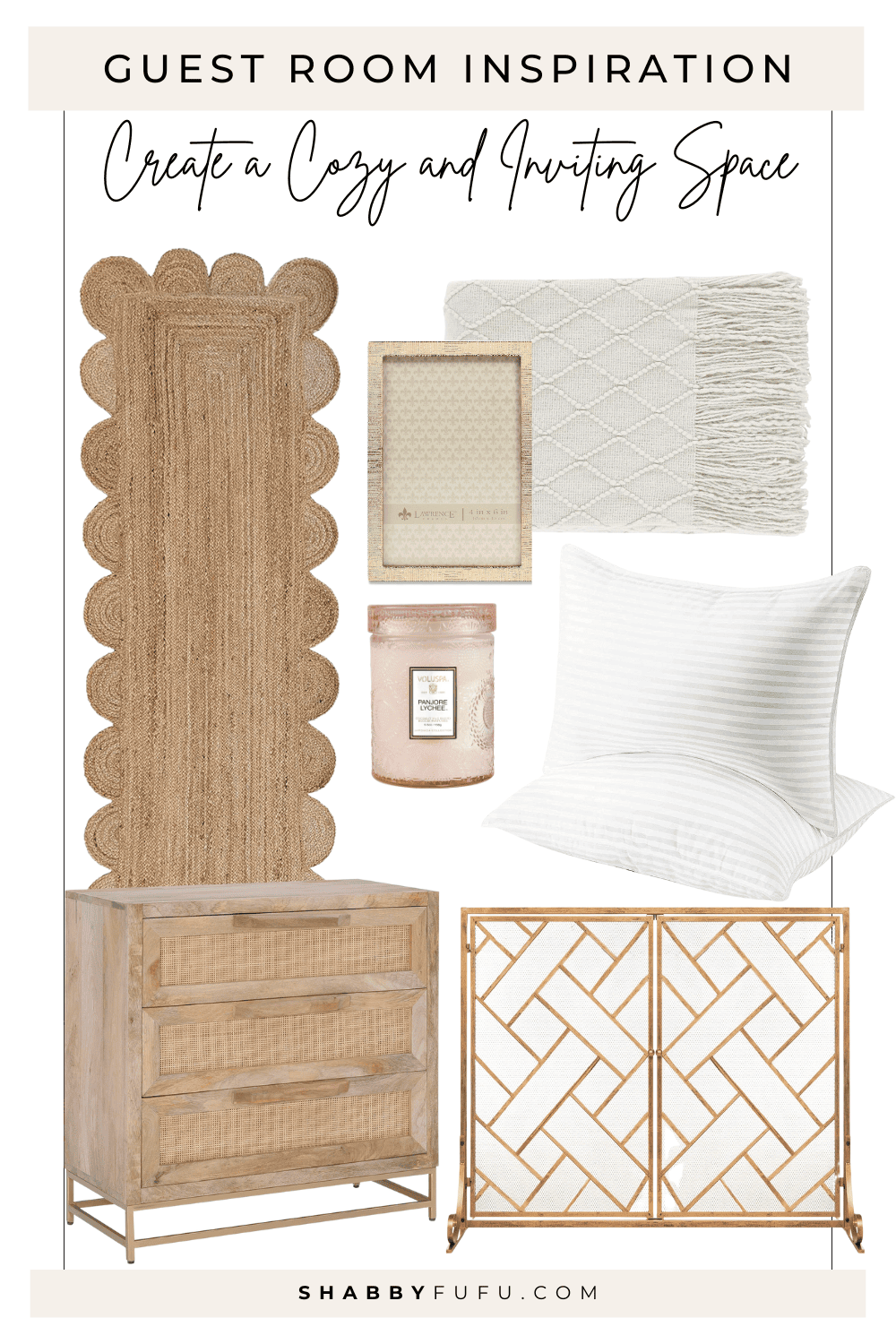 Collage featuring favorite products for guest room inspiration ideas