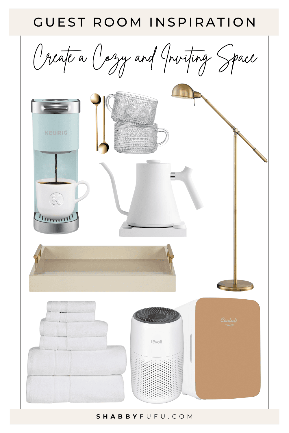 Collage featuring favorite products for guest room inspiration ideas