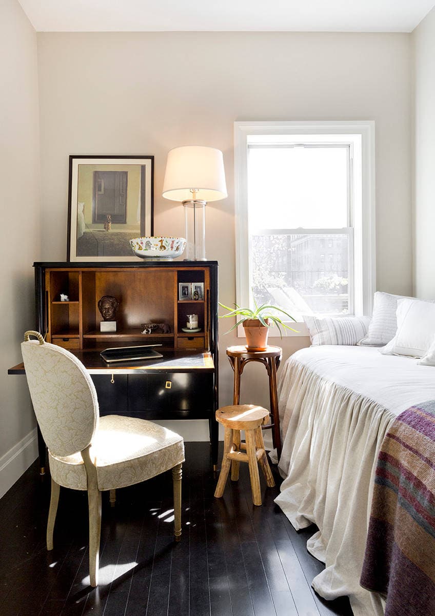 Guest room inspiration example showcasing a bed in a small room