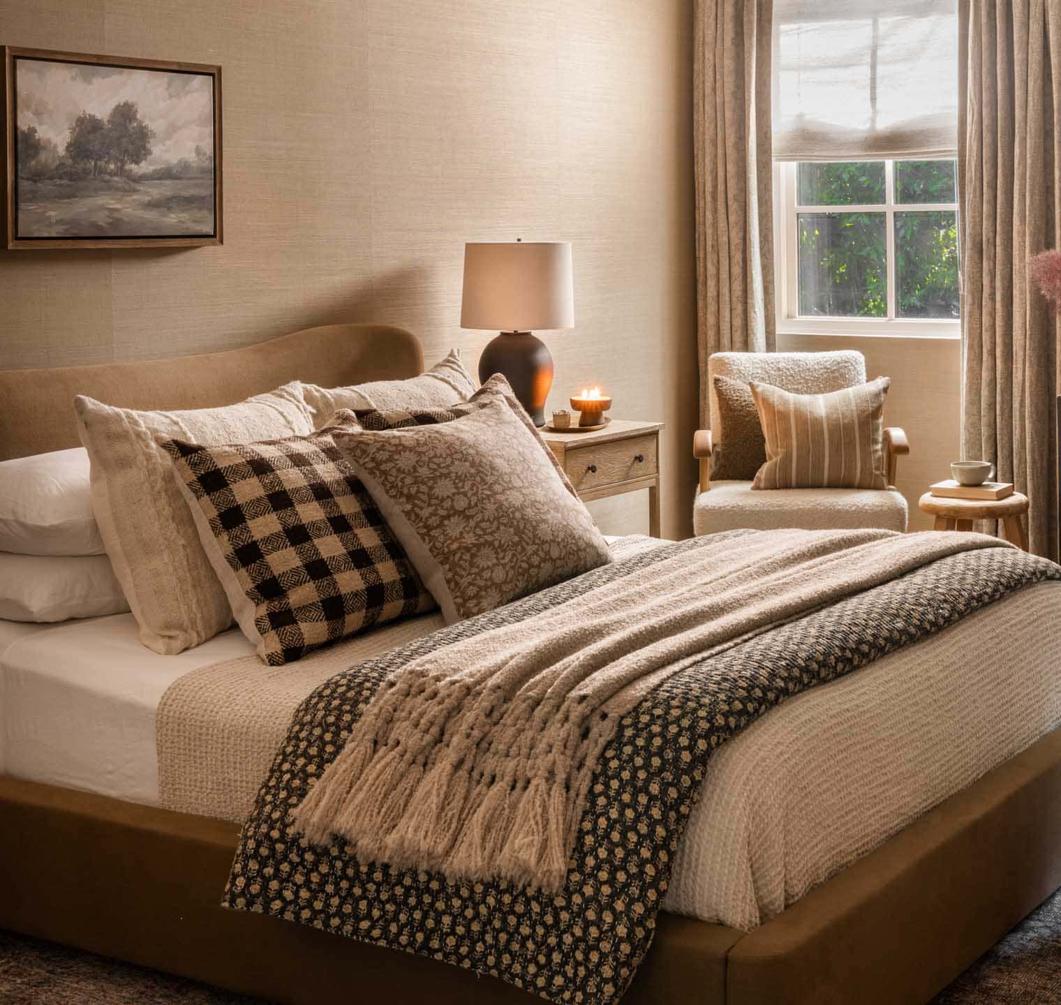 Bedroom decorated for fall and winter featured as an example of seasonal bedding swaps