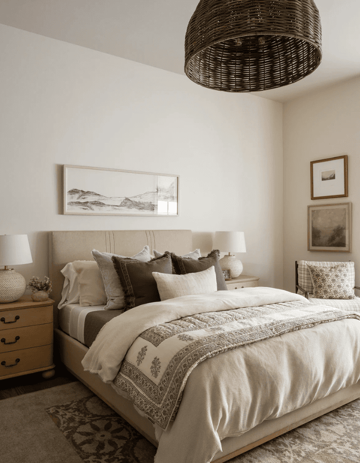 Bedroom decorated for fall and winter featured as an example of seasonal bedding swaps
