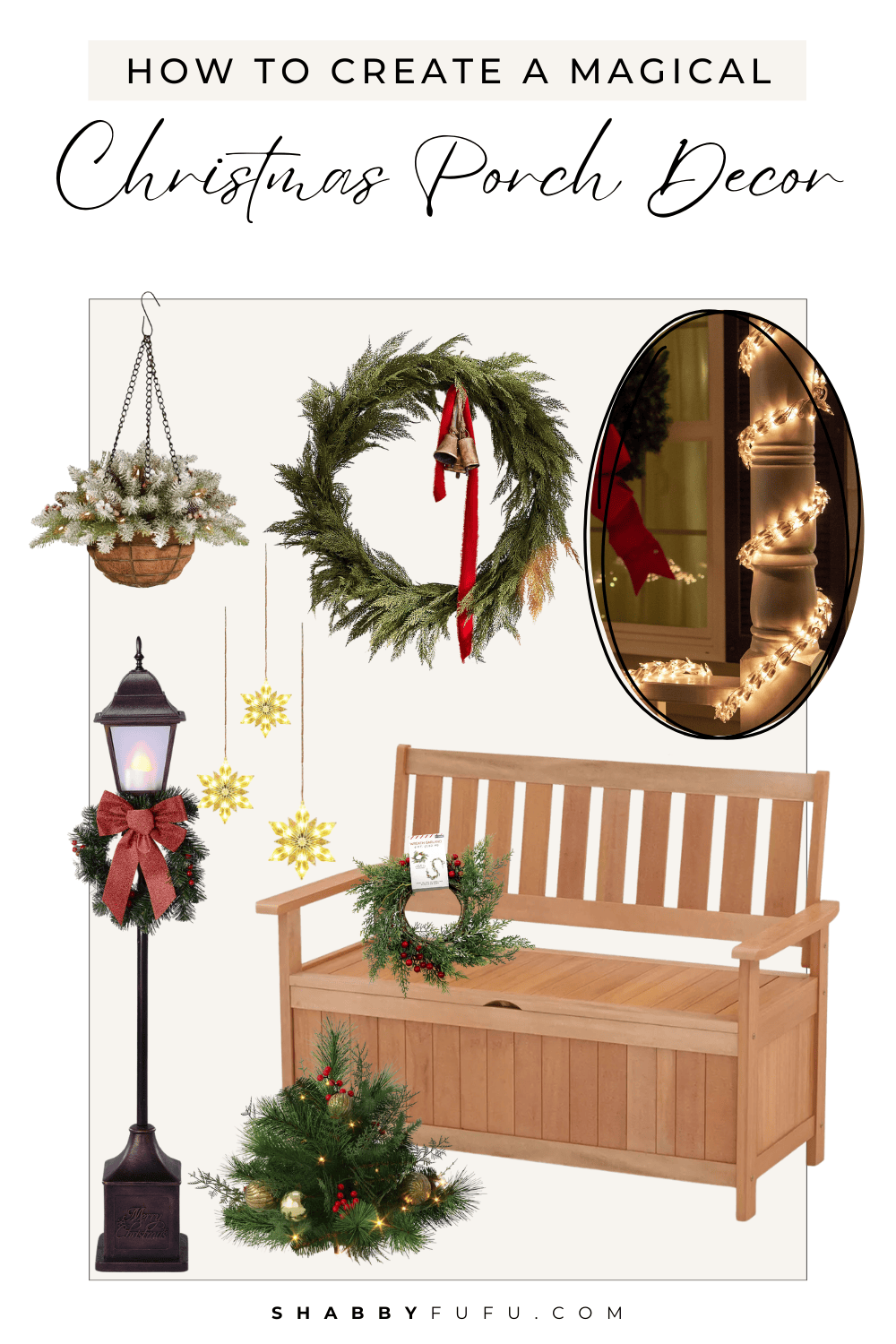 Ideas to create a magical Christmas porch decor featuring decor pieces in a collage