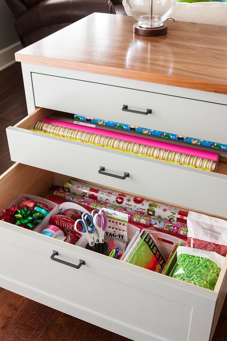 Gift wrapping station ideas for the holidays featuring a craft room desk