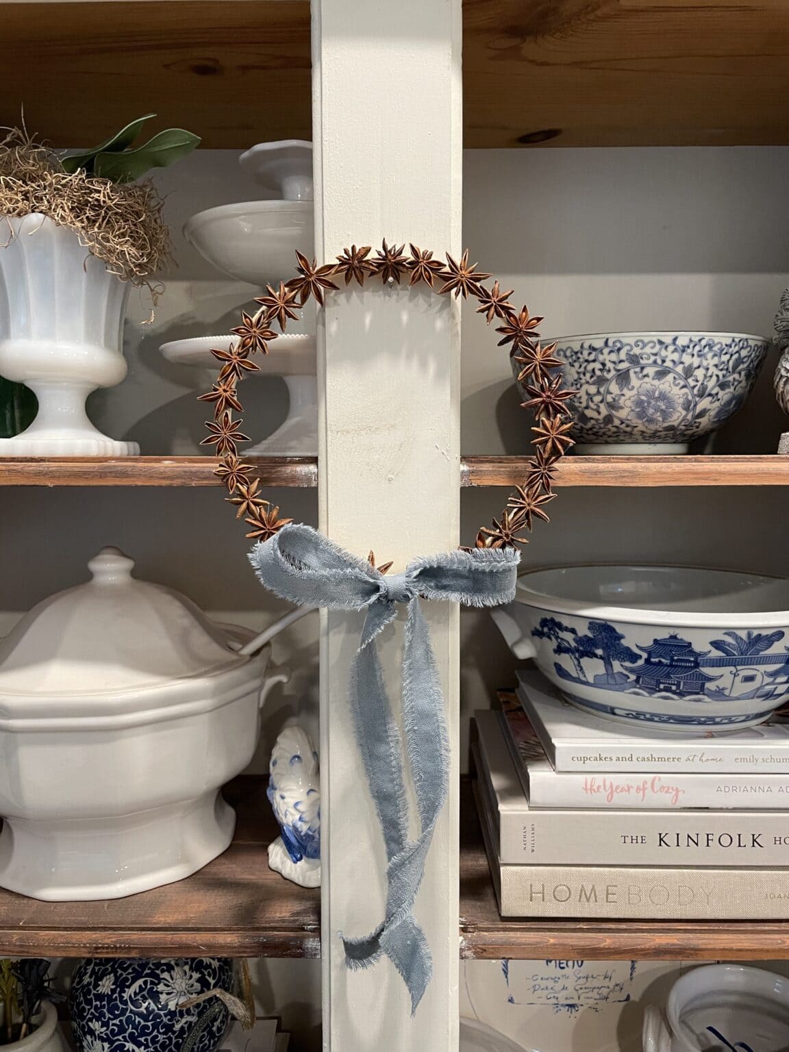 Christmas Wreath idea featuring a whole star anise wreath with blue velvet ribbon