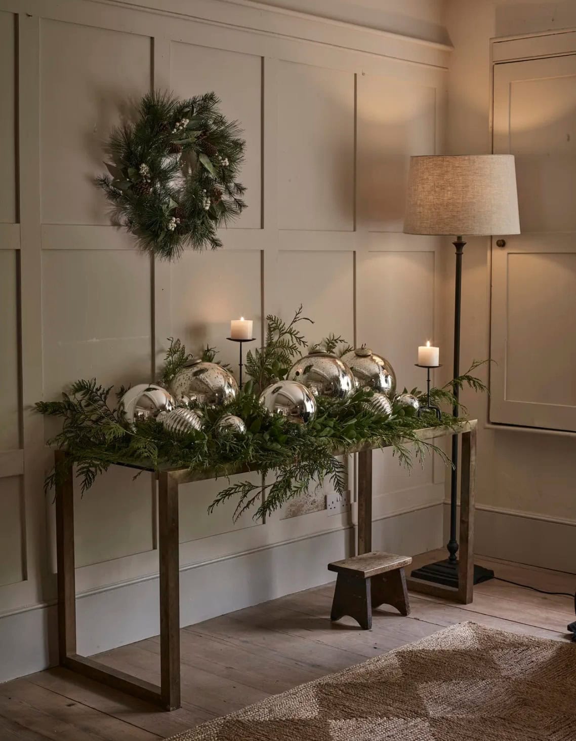 Example of entryway showcasing New Year's decorations in modern traditional style along with other new years decorations tips and examples.