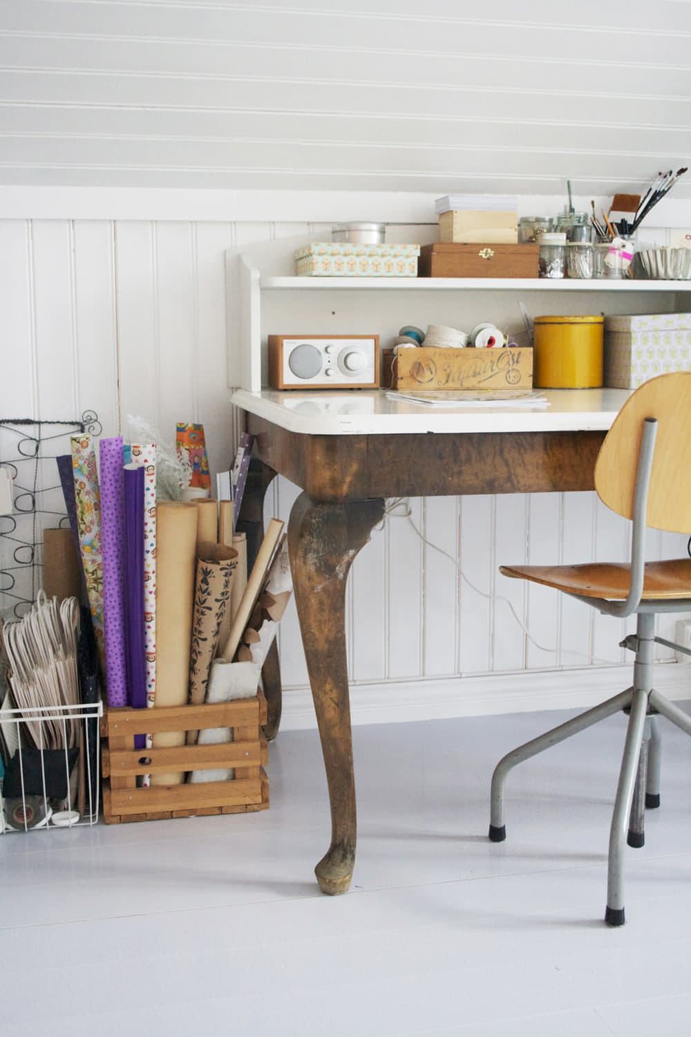 Gift wrapping station ideas for the holidays featuring a craft room desk
