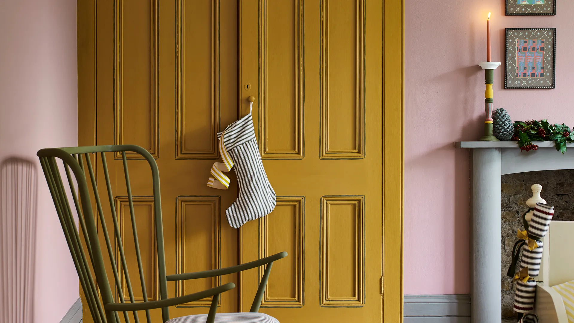 Christmas Stocking Holder Ideas for a Cozy Display Without a Fireplace featuring a stockings hanging from dresser in retro colorful style