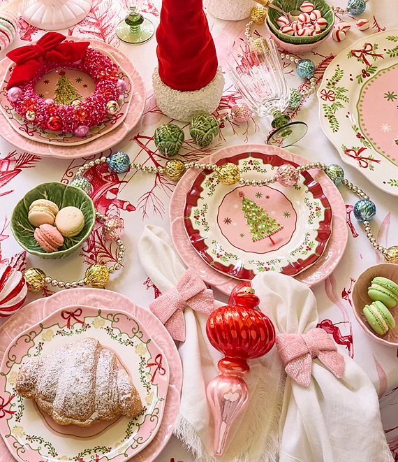 Pink Christmas Decorations inspiration, showcasing a retro styled table set up in red and pink