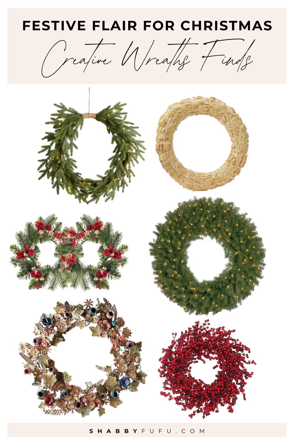 Collage Pinterest graphic featuring Christmas wreath finds for a creative and festive decor