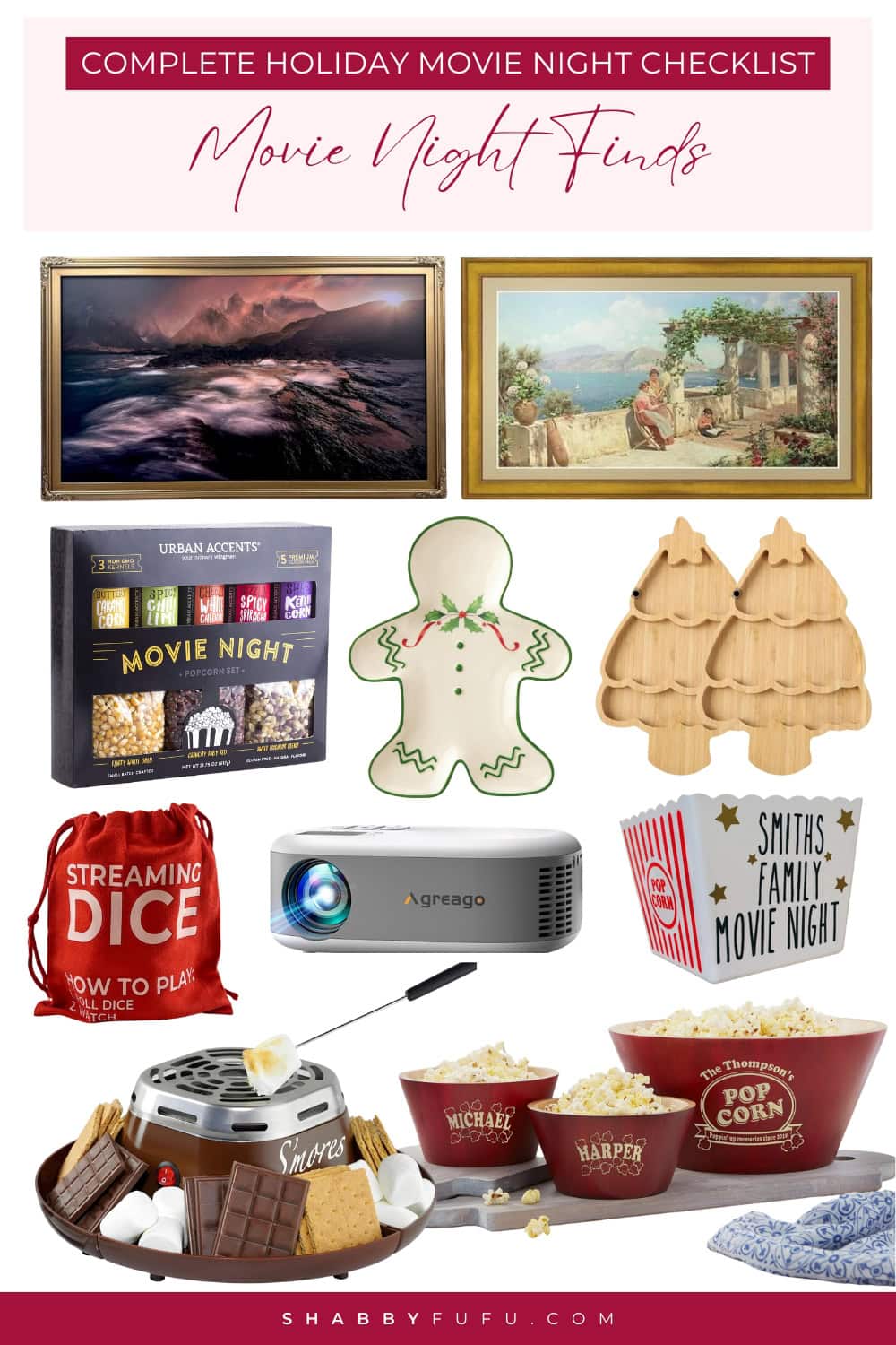 Collage Pinterest graphic featuring products for holiday movie nights