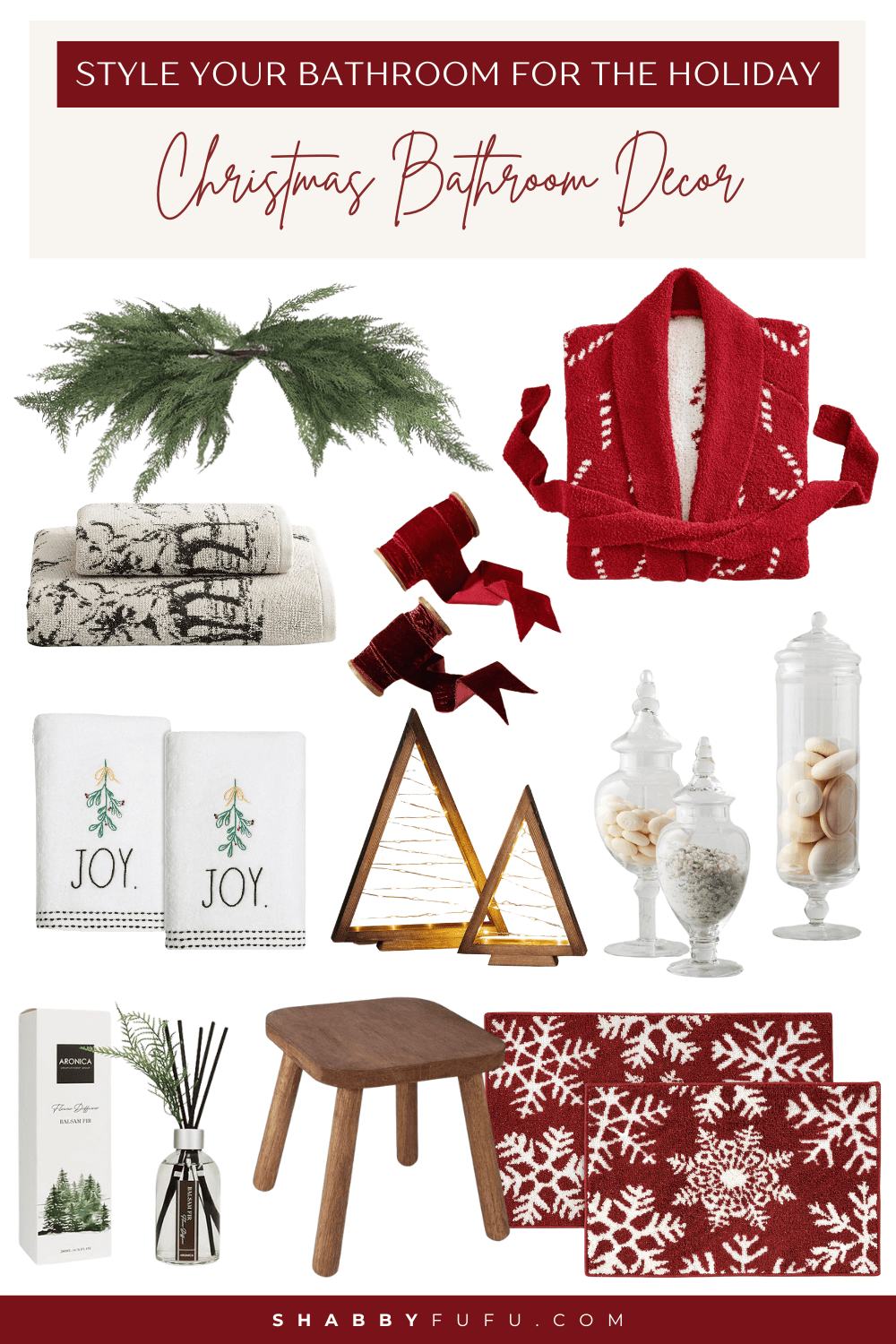 Christmas bathroom decor collage featuring decorative product finds