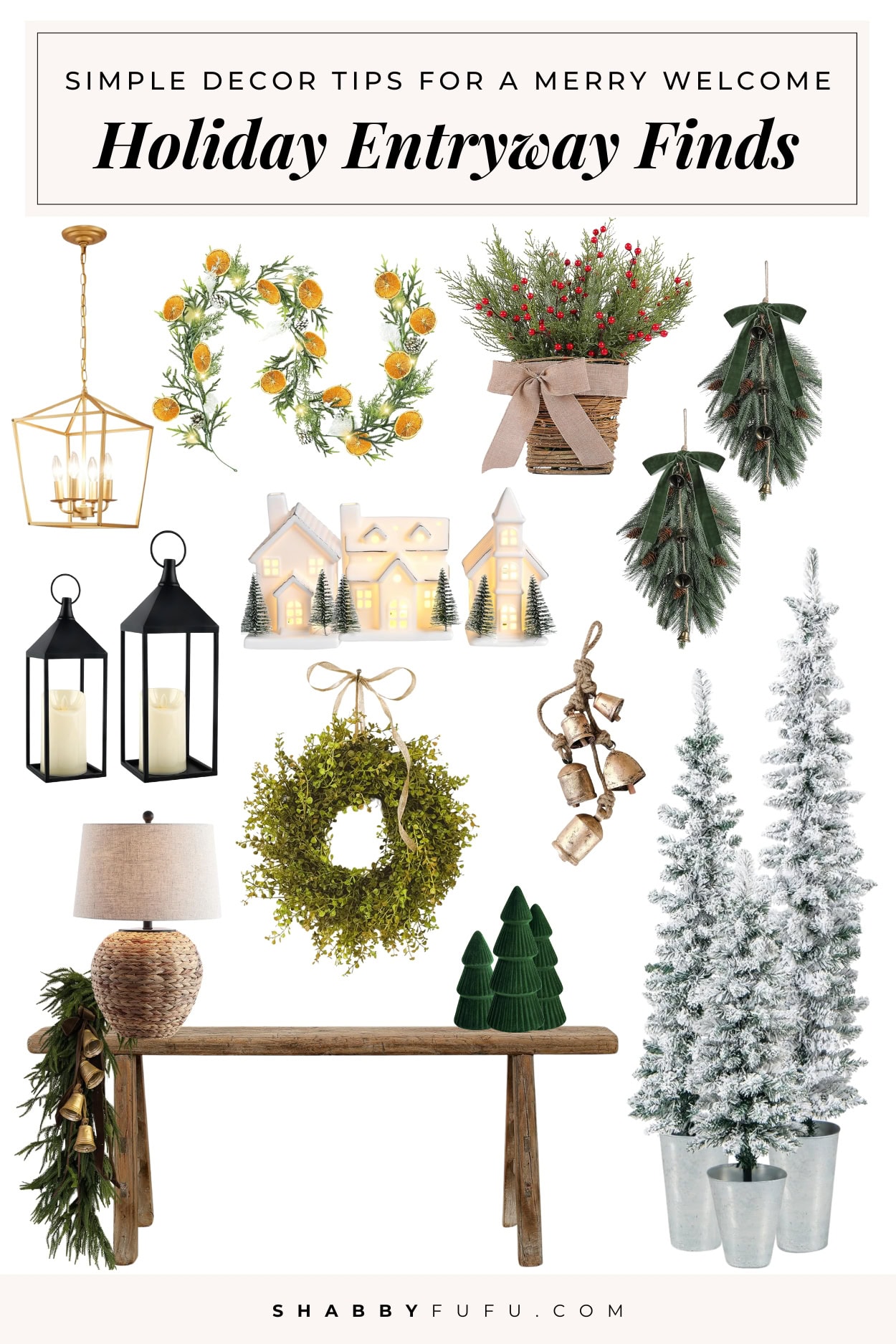 Collage featuring decor products for holiday entryway ideas titled "Holiday Entryway Finds"