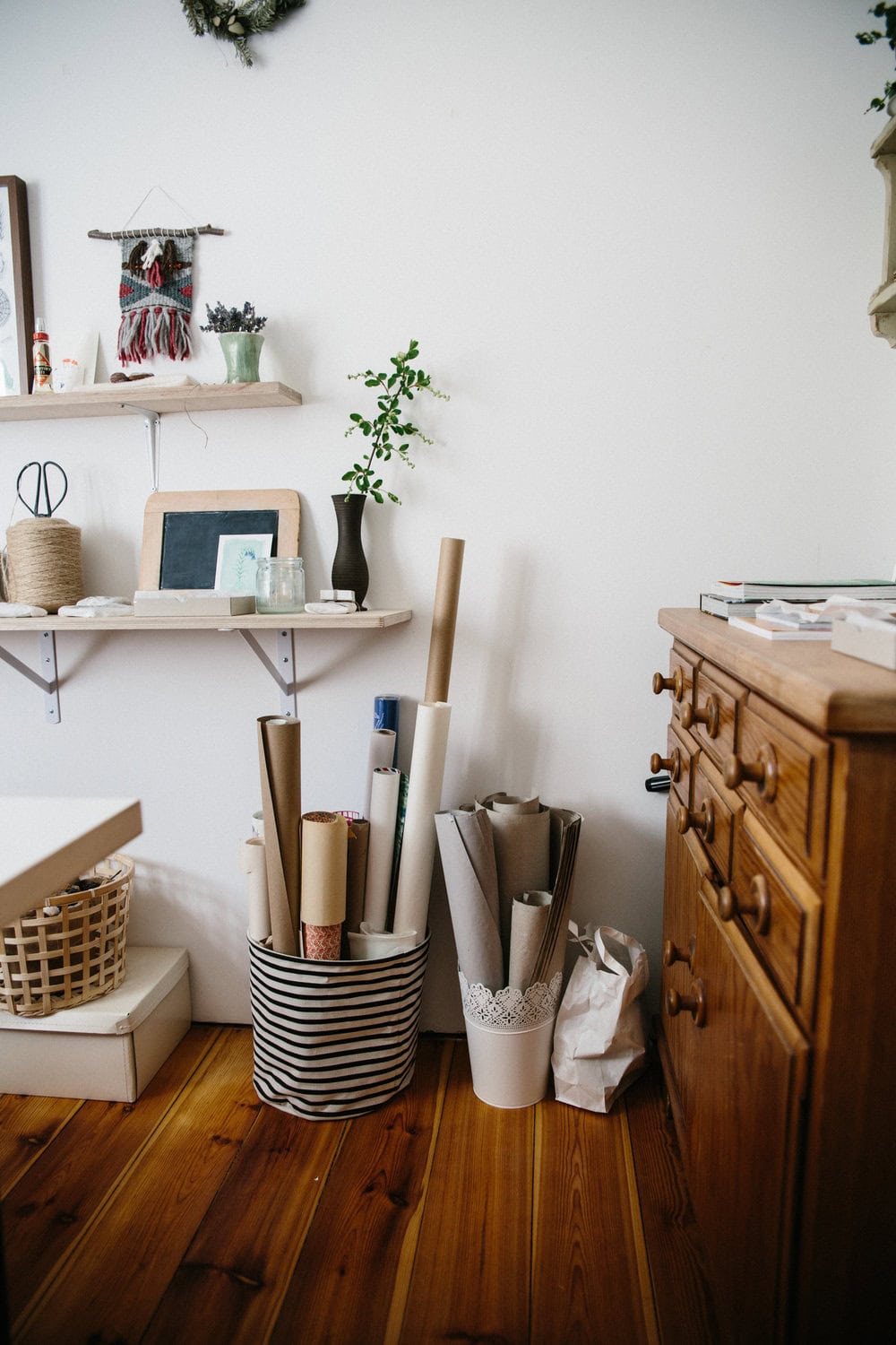 Gift wrapping station ideas for the holidays featuring a craft room desk