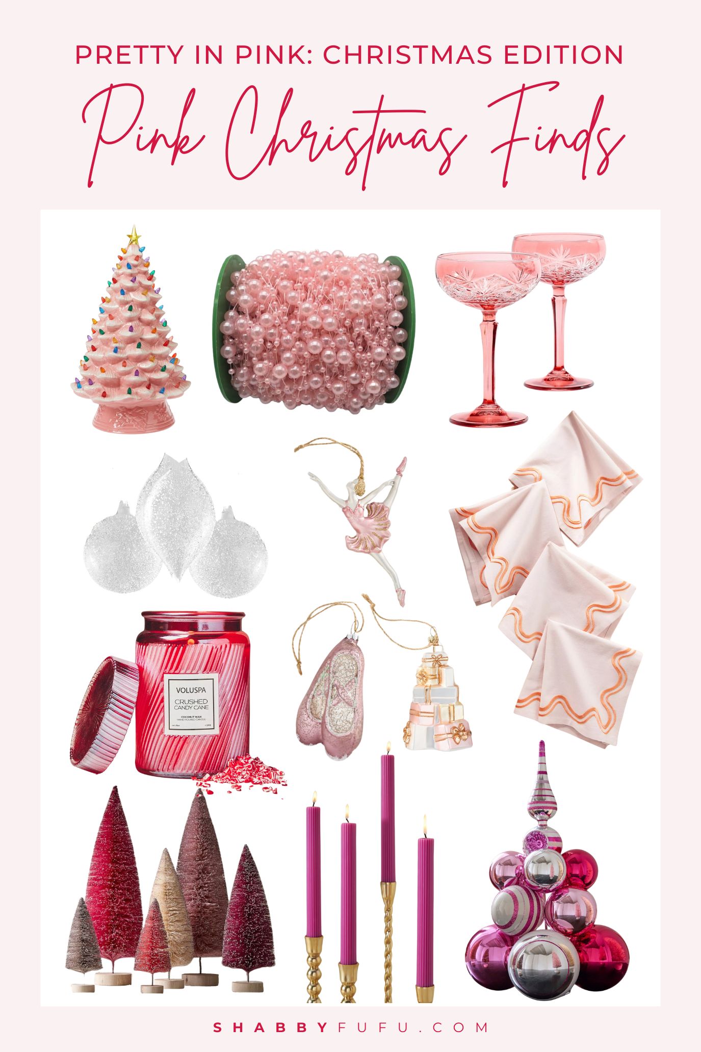 Pink Christmas Decorations collage featuring pink decor and ornament finds