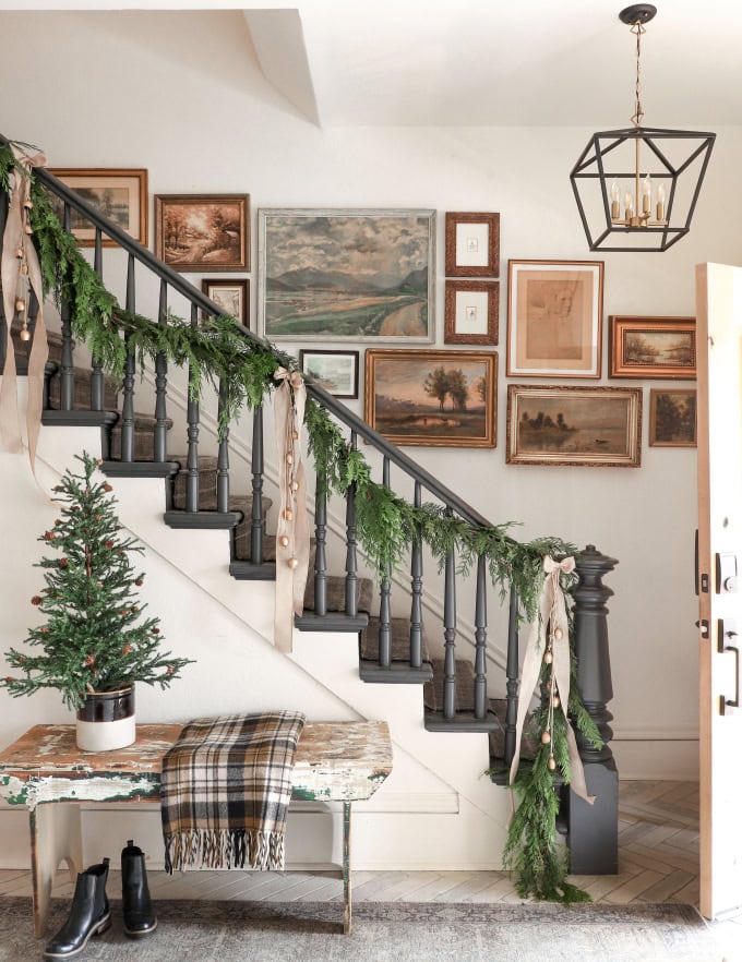 Holiday entryway idea featuring an foyer in traditional farmhouse style