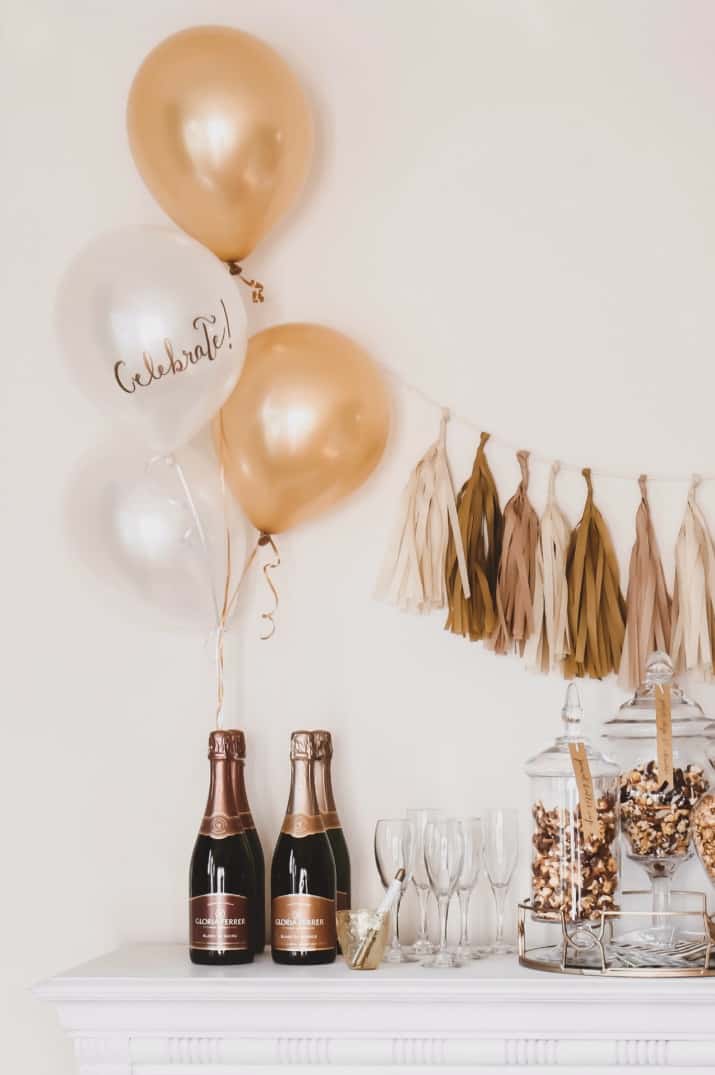 Example of bar cart showcasing New Year's decorations in modern style along with other new years decorations tips and examples.
