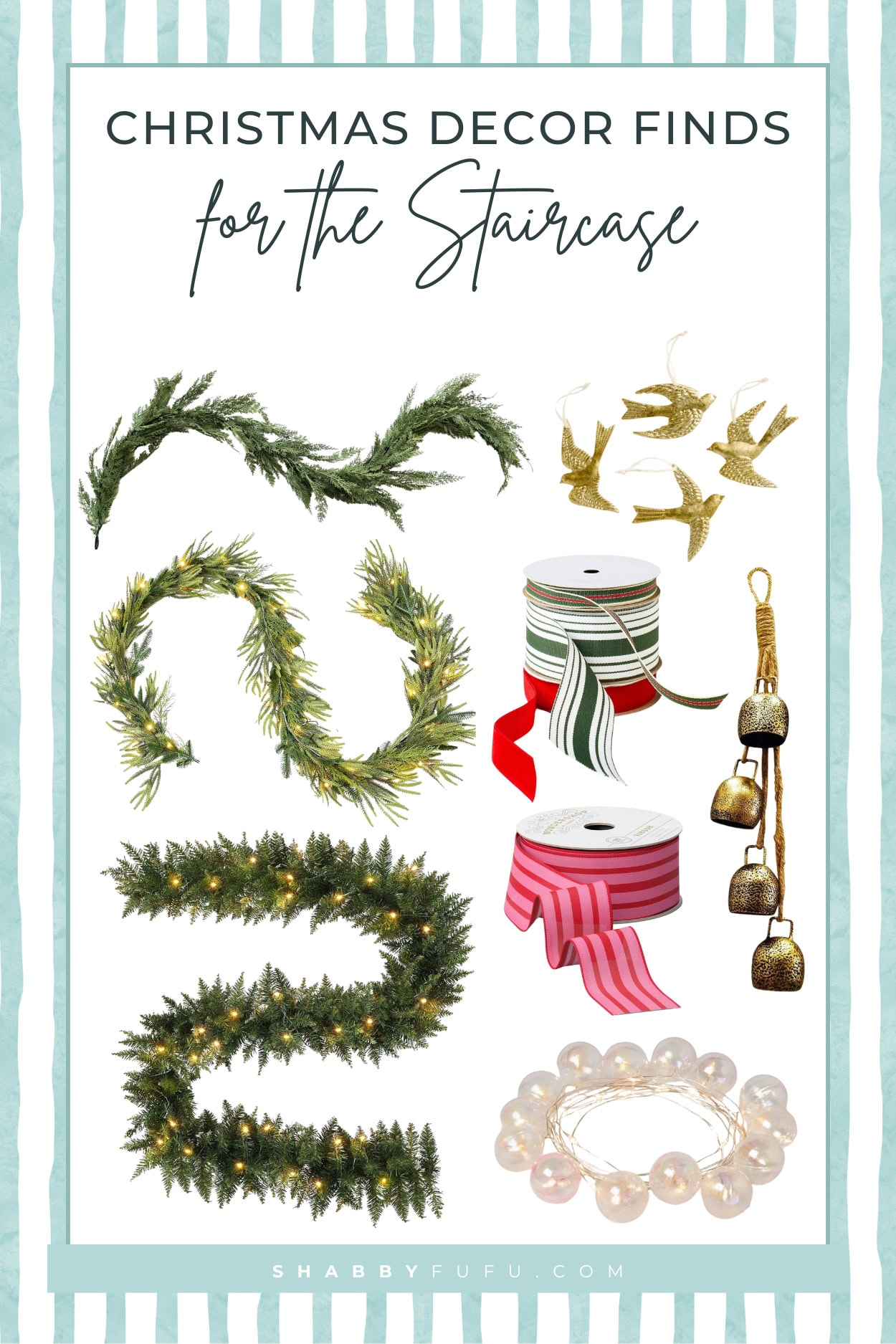 Pinterest Pin featuring Christmas wonderland staircase decor finds