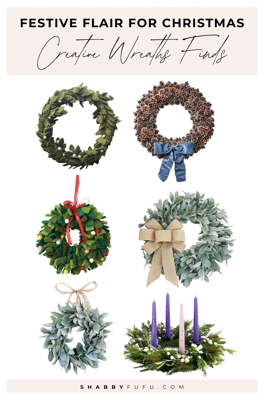 Collage Pinterest graphic featuring Christmas wreath finds for a creative and festive decor