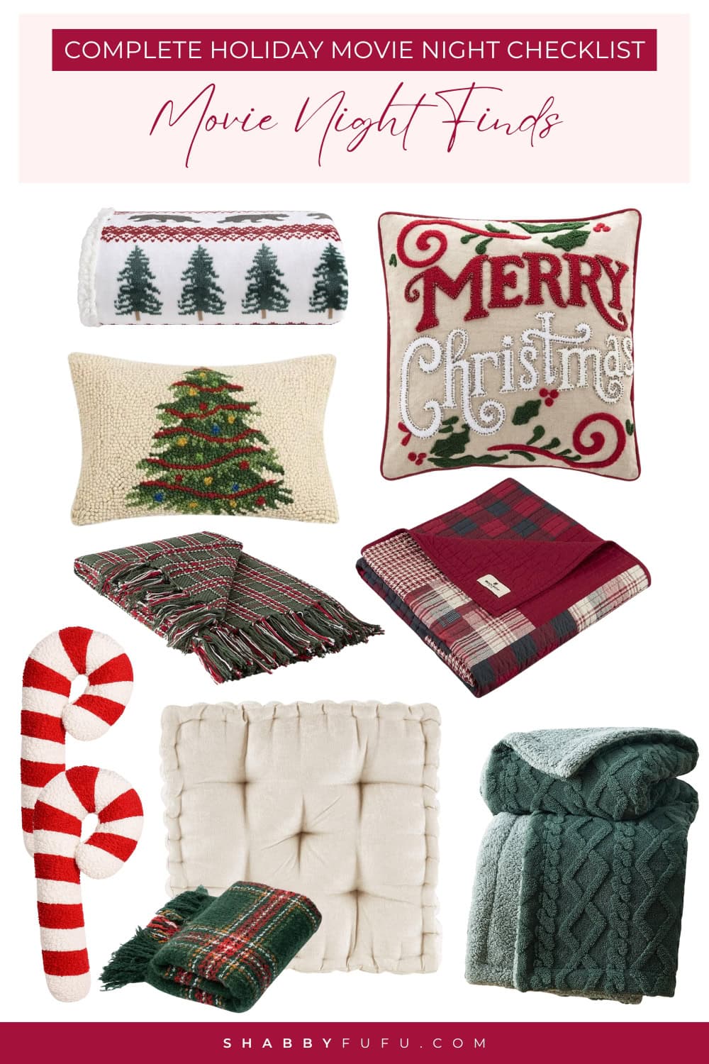 Collage Pinterest graphic featuring products for holiday movie nights