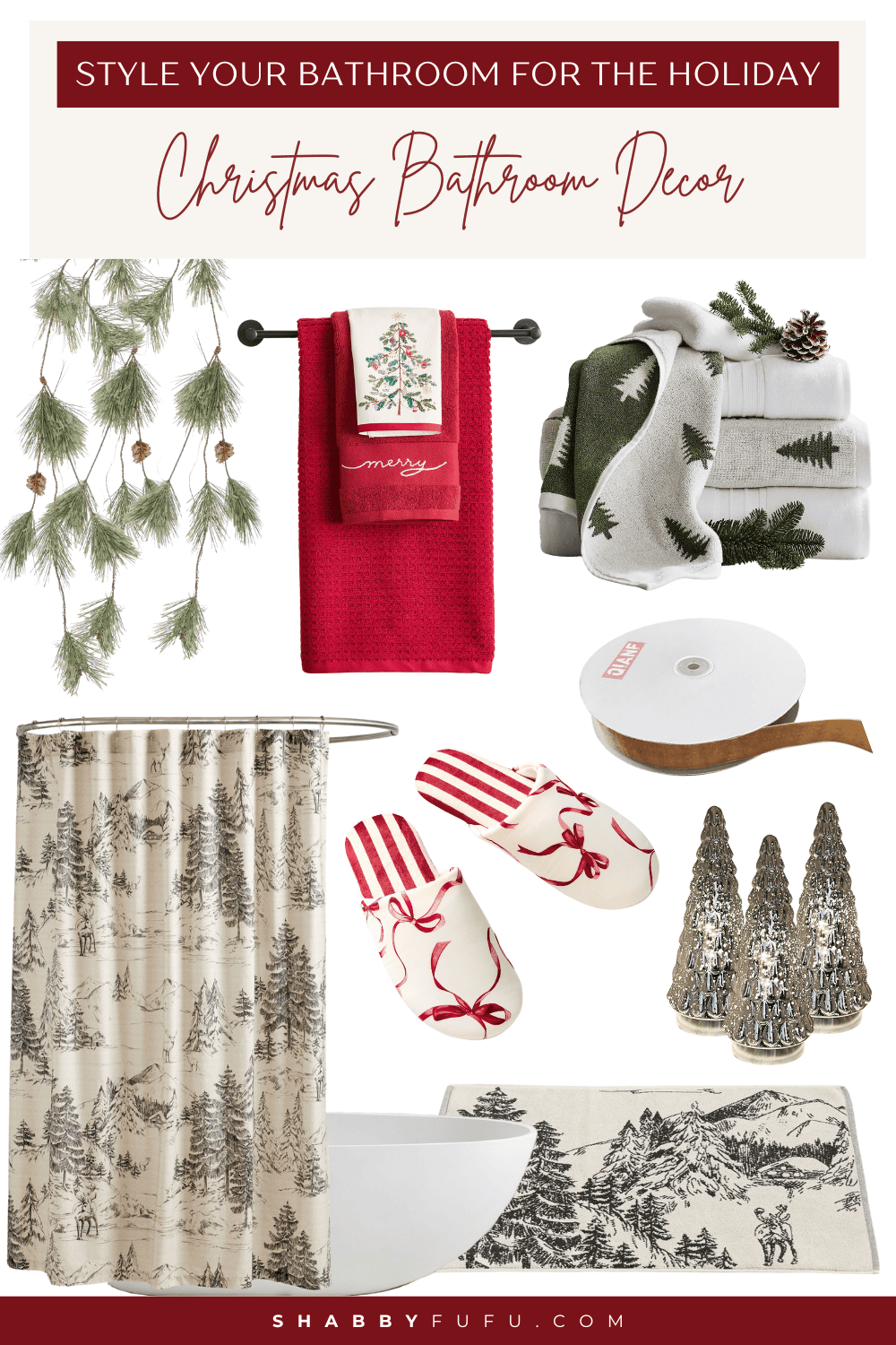Christmas bathroom decor collage featuring decorative product finds