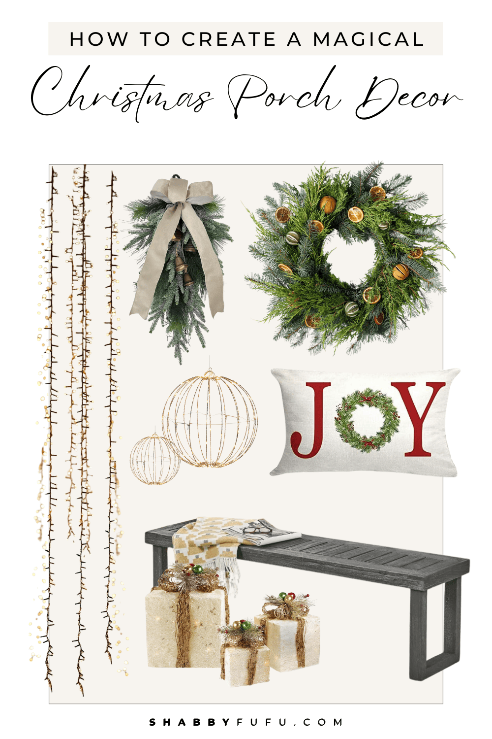 Ideas to create a magical Christmas porch decor featuring decor pieces in a collage