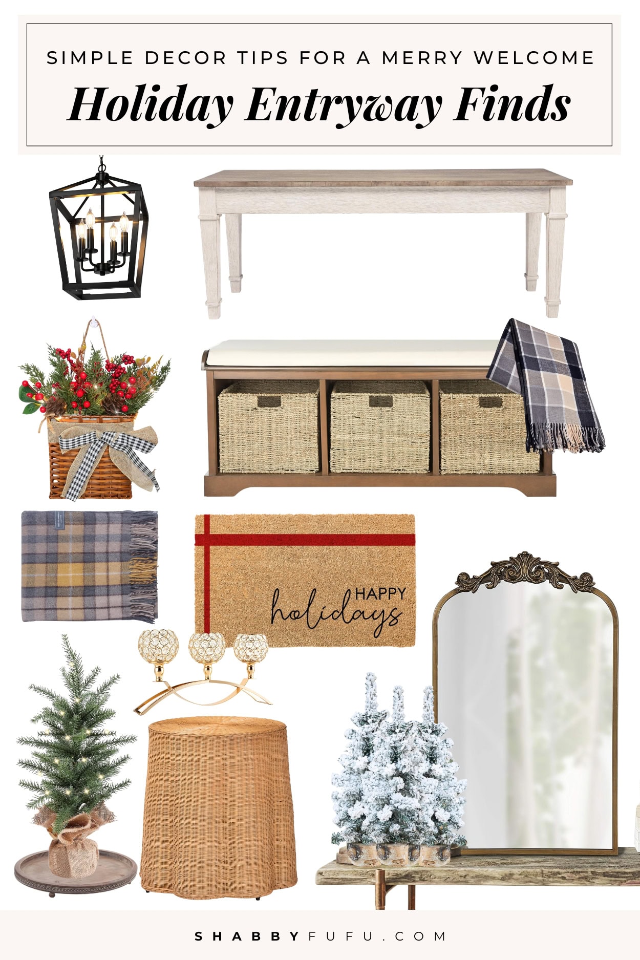 Collage featuring decor products for holiday entryway ideas titled "Holiday Entryway Finds"