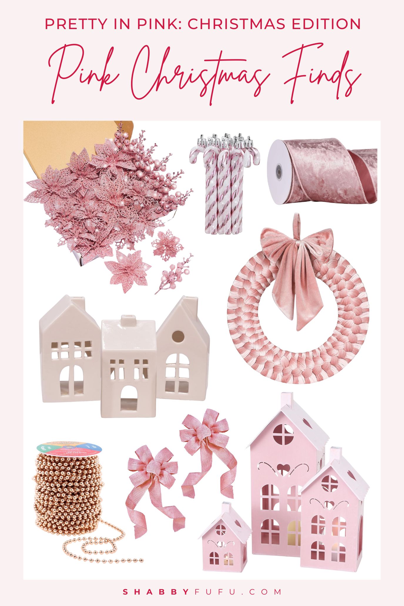 Pink Christmas Decorations collage featuring pink decor and ornament finds
