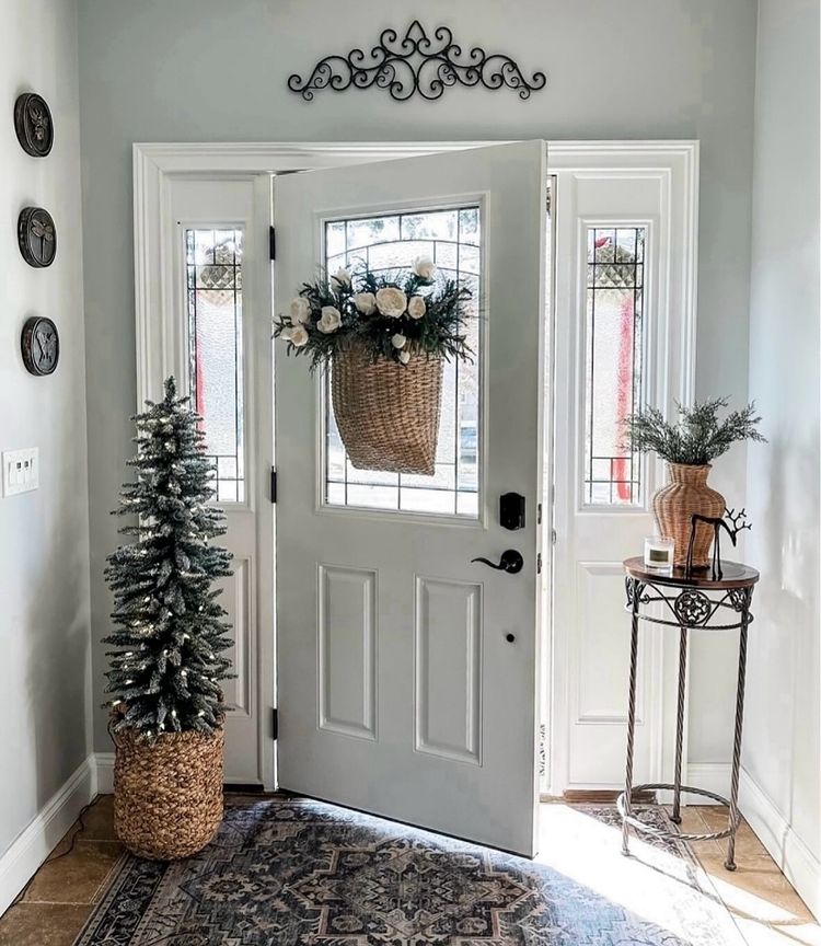 Holiday entryway idea featuring an foyer in modern traditional farmhouse style