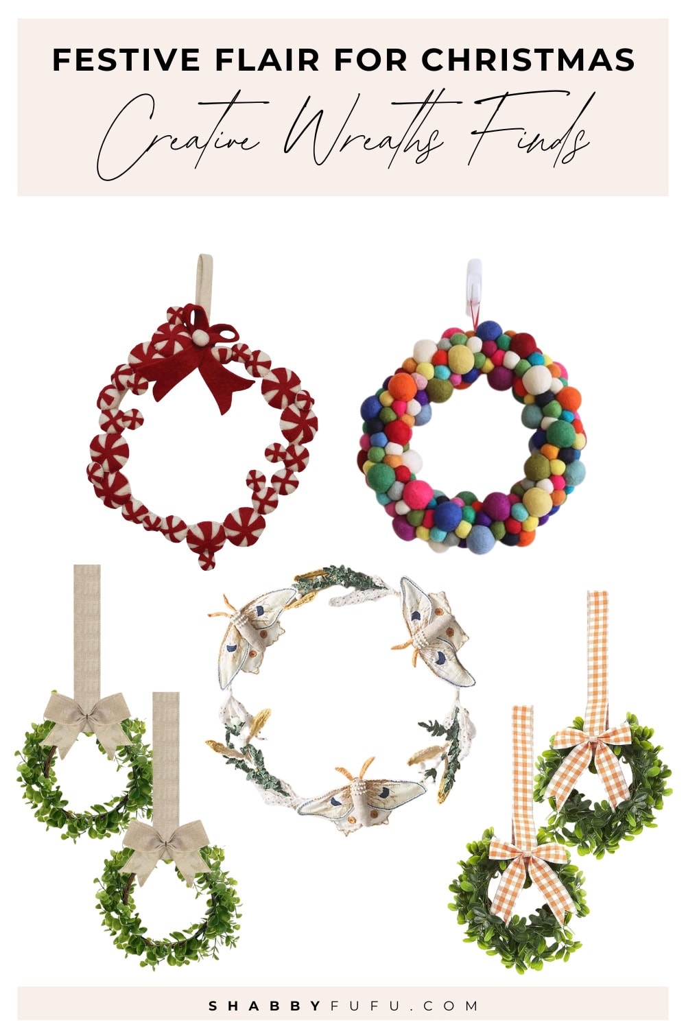 Collage Pinterest graphic featuring Christmas wreath finds for a creative and festive decor