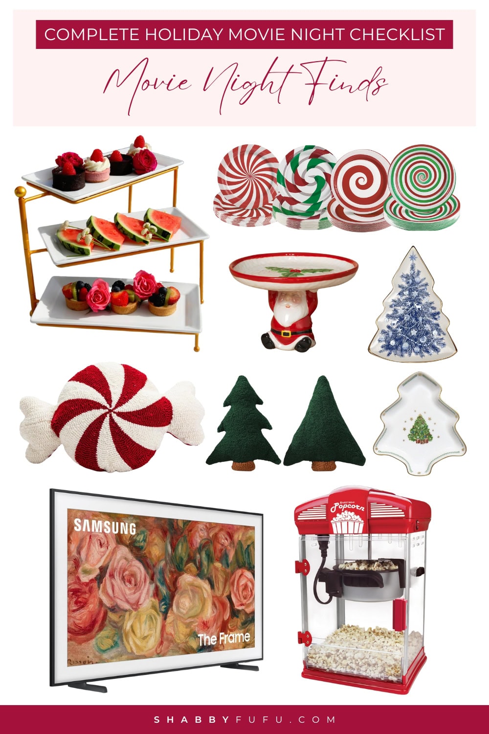 Collage Pinterest graphic featuring products for holiday movie nights
