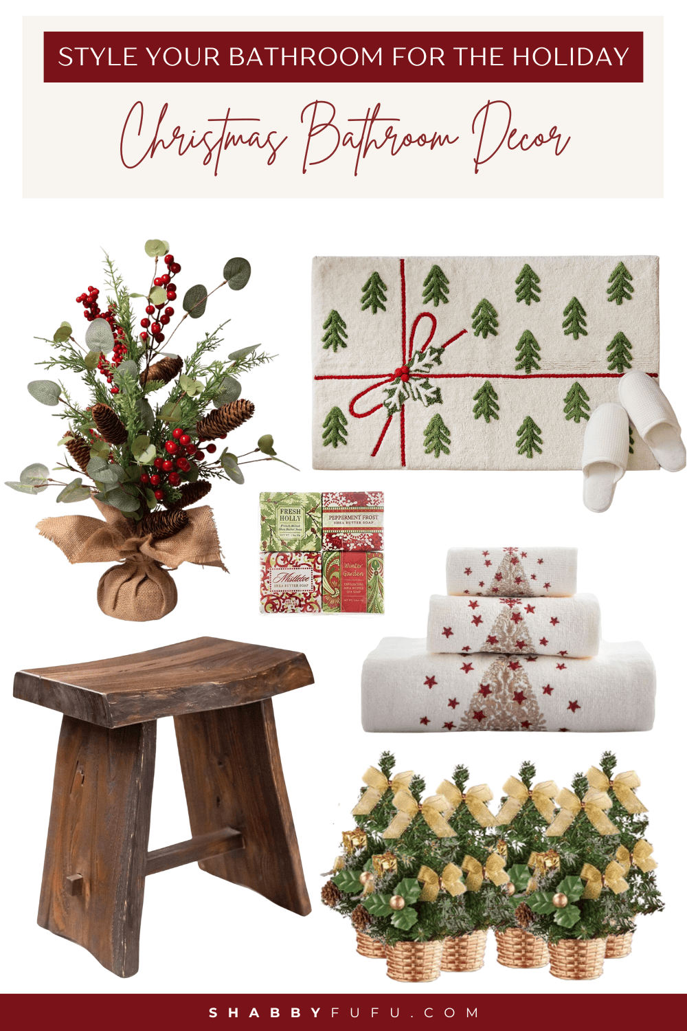 Christmas bathroom decor collage featuring decorative product finds