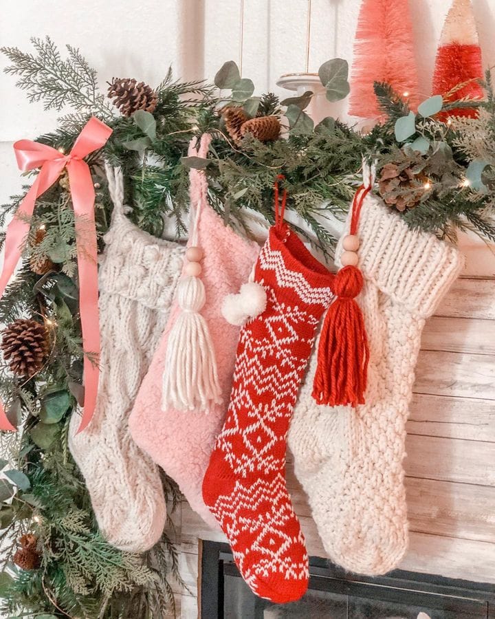 Pink Christmas Decorations inspiration, showcasing a stockings traditional-styled idea.