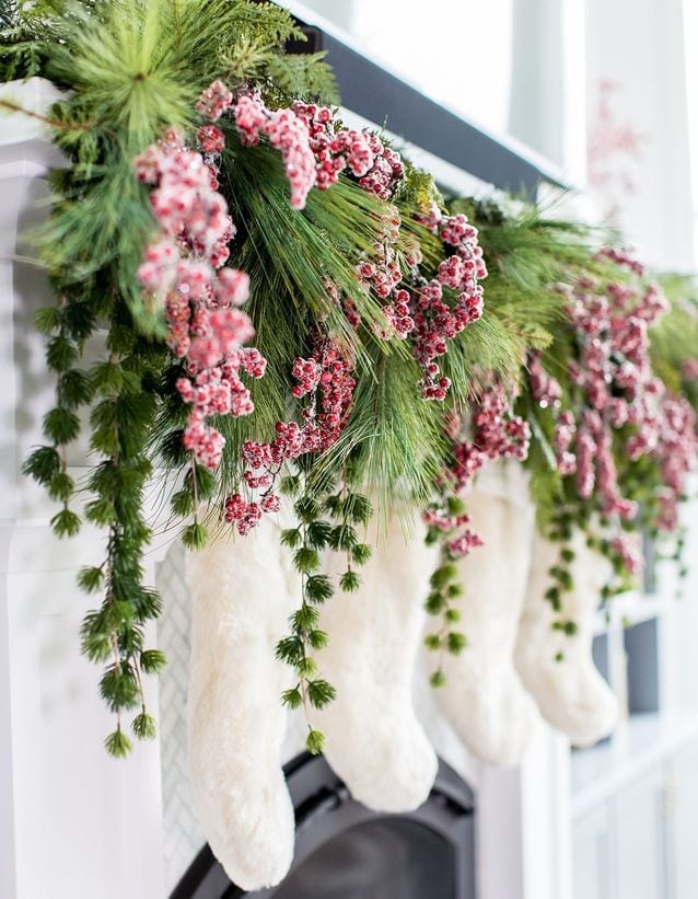 Pink Christmas Decorations inspiration, showcasing a floral garland on a mantle.