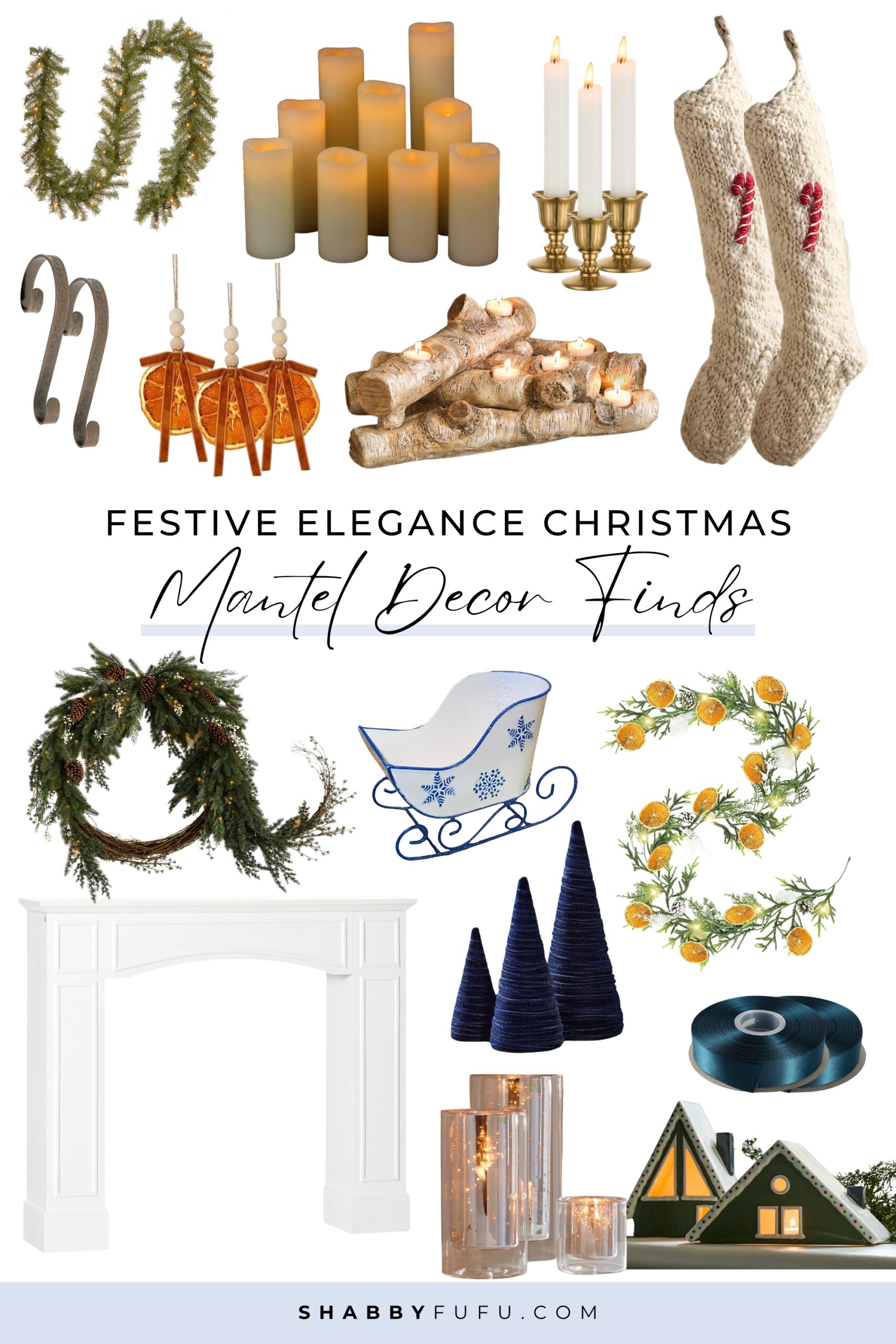 Collage image featuring seasonal products with title "Festive Elegance: Christmas mantel decor finds"