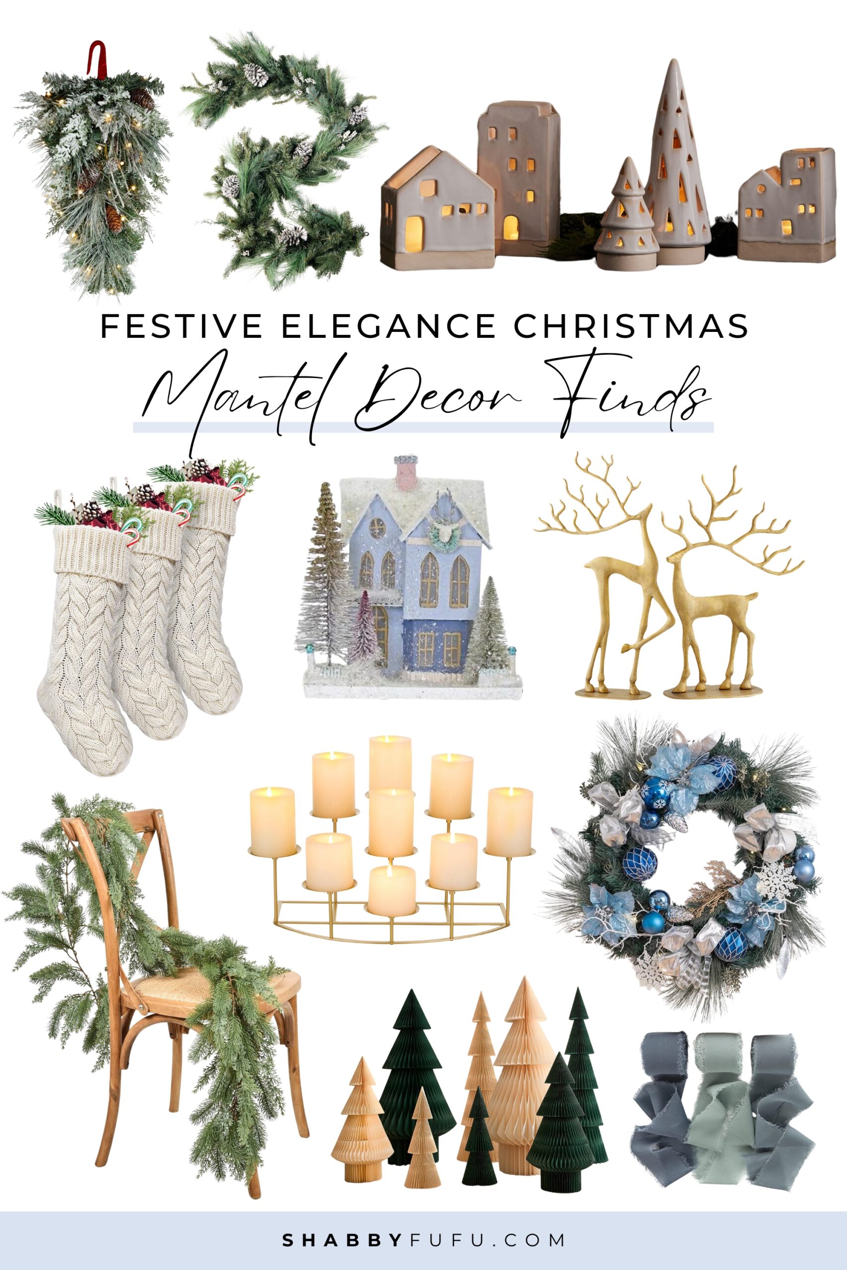 Collage image featuring seasonal products with title "Festive Elegance: Christmas mantel decor finds"