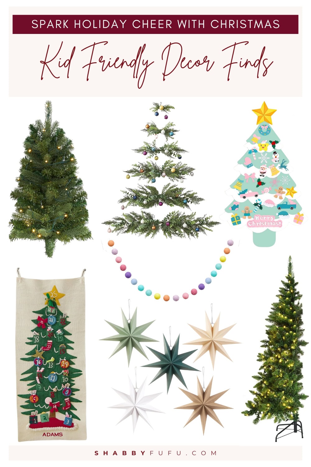 Pinterest collage featuring decor finds titled "Kid-friendly Christmas decor ideas spark holiday cheer"