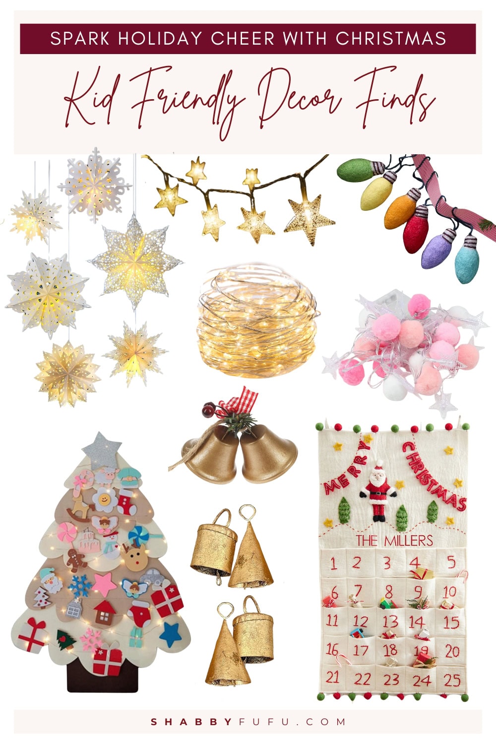 Pinterest collage featuring decor finds titled "Kid-friendly Christmas decor ideas spark holiday cheer"