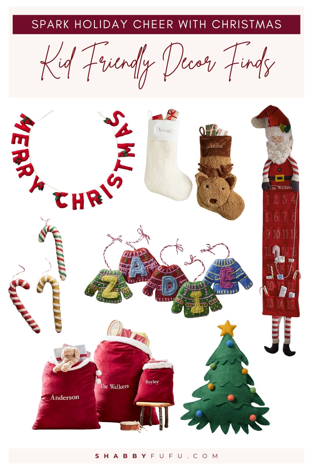 Pinterest collage featuring decor finds titled "Kid-friendly Christmas decor ideas spark holiday cheer"